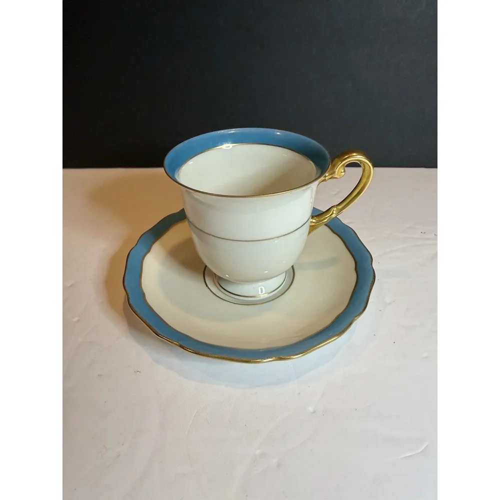 Hohenberg Bavaria Demitasse Cup & Saucer Blue Gold Trim German Porcelain